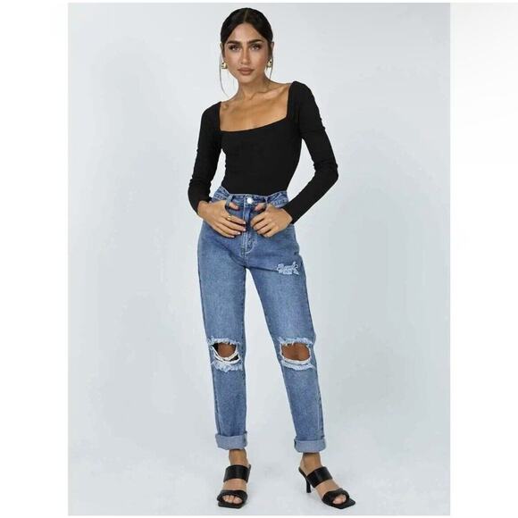 Princess Polly Hayden Mid Wash Distressed Knee Rip Denim Jeans Size US 4 - Picture 1 of 8